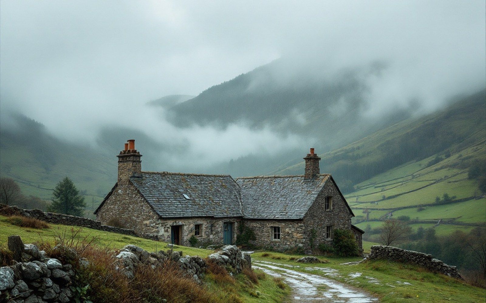A granite farmhouse with a slate roof in low cloud on green hill country, rain in the air