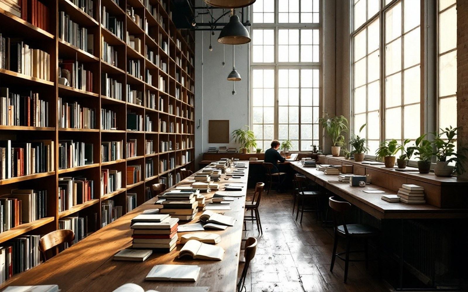 A library reading room with high shelves and long tables, an adult reading, daylight from tall windows