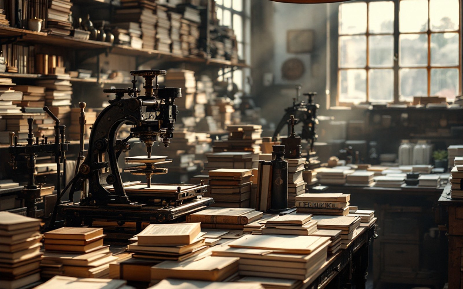 A nineteenth-century printing office with a hand press and stacked printed sheets, daylight through tall windows