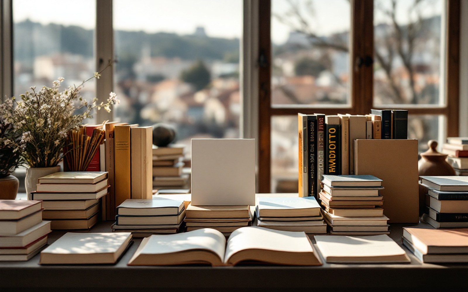 A public library display table of books with a printed card standing among them, daylight