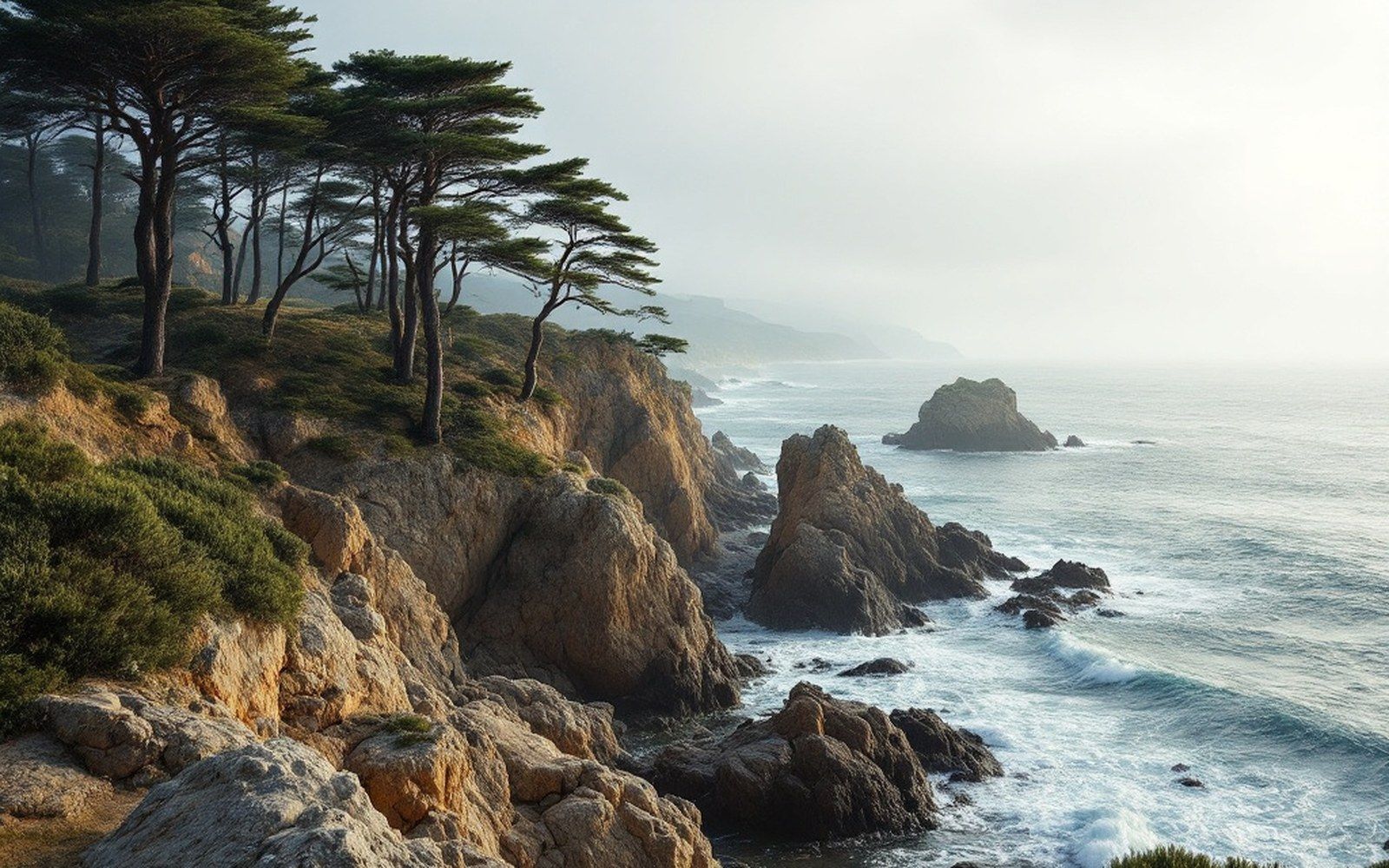 A rocky Atlantic coastline with pine trees bent by the wind above the shore, grey sea and low cloud