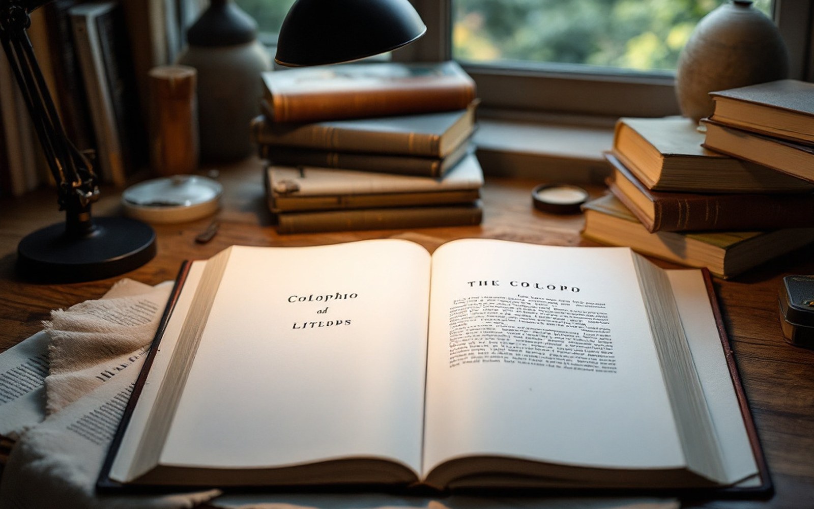 A publisher's colophon and title page open flat under a desk lamp