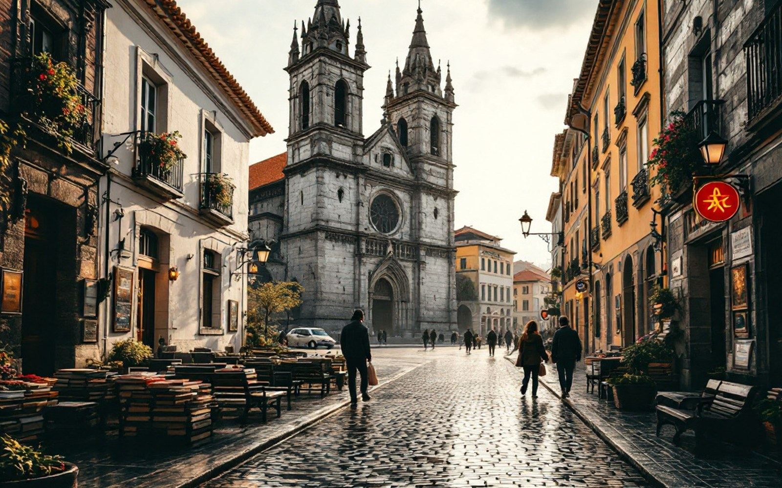 A stone cathedral square in a small northern Spanish town, wet cobbles, few people