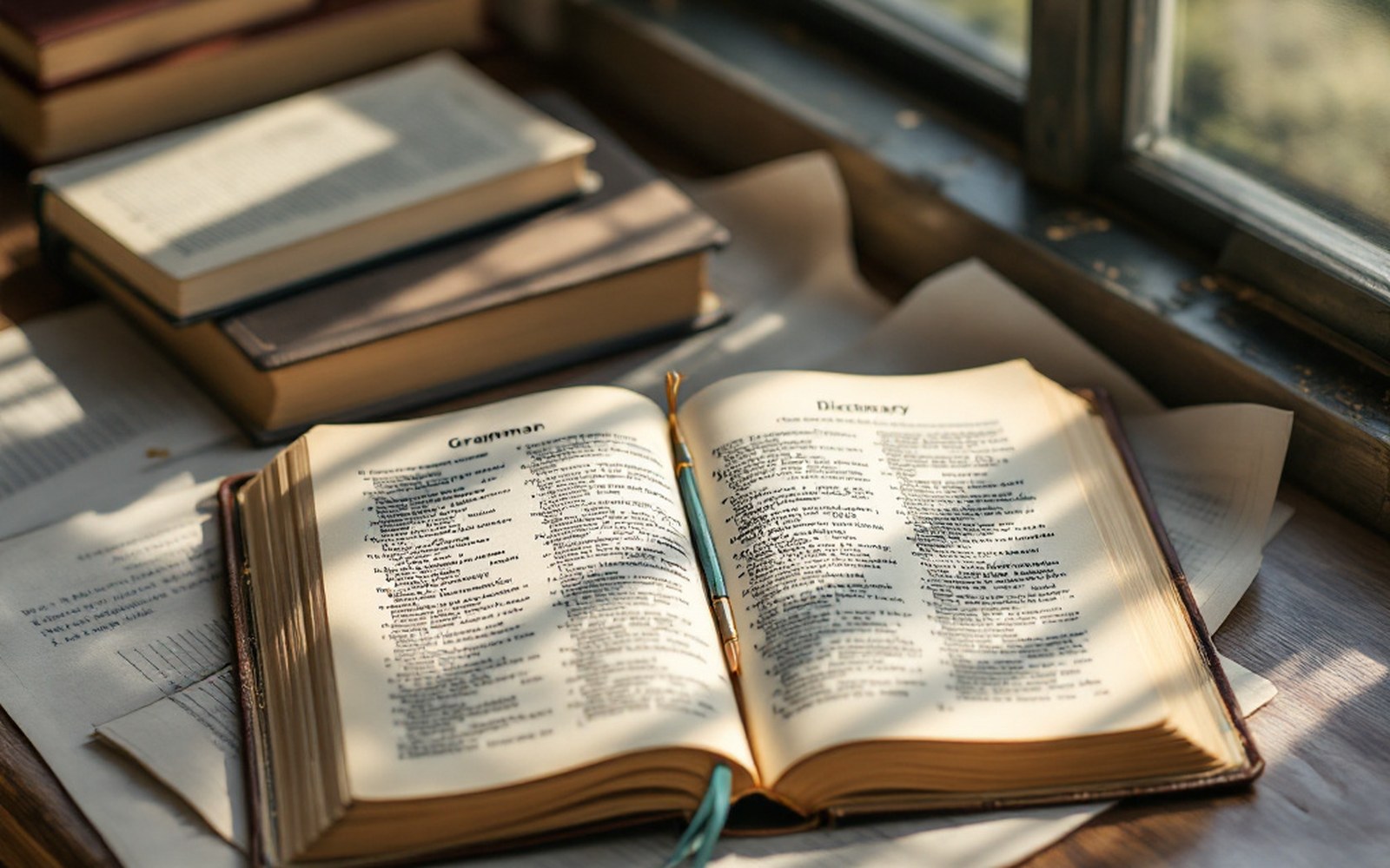 A printed grammar and dictionary open together on a desk with a bookmark between pages