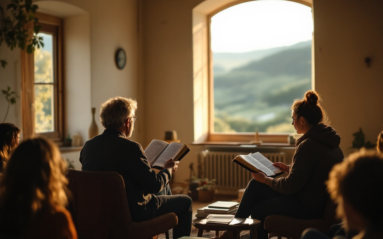 An adult reading aloud from a book to a small seated audience in a plain hall