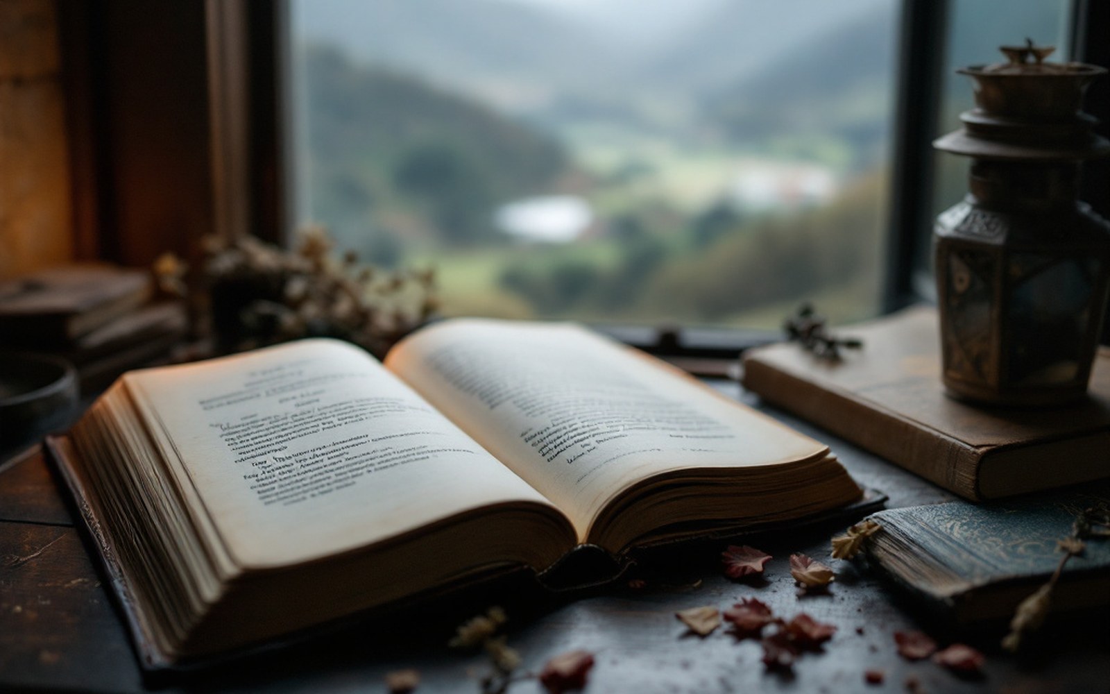 A nineteenth-century book of poetry open on a dark wooden table beside a small oil lamp