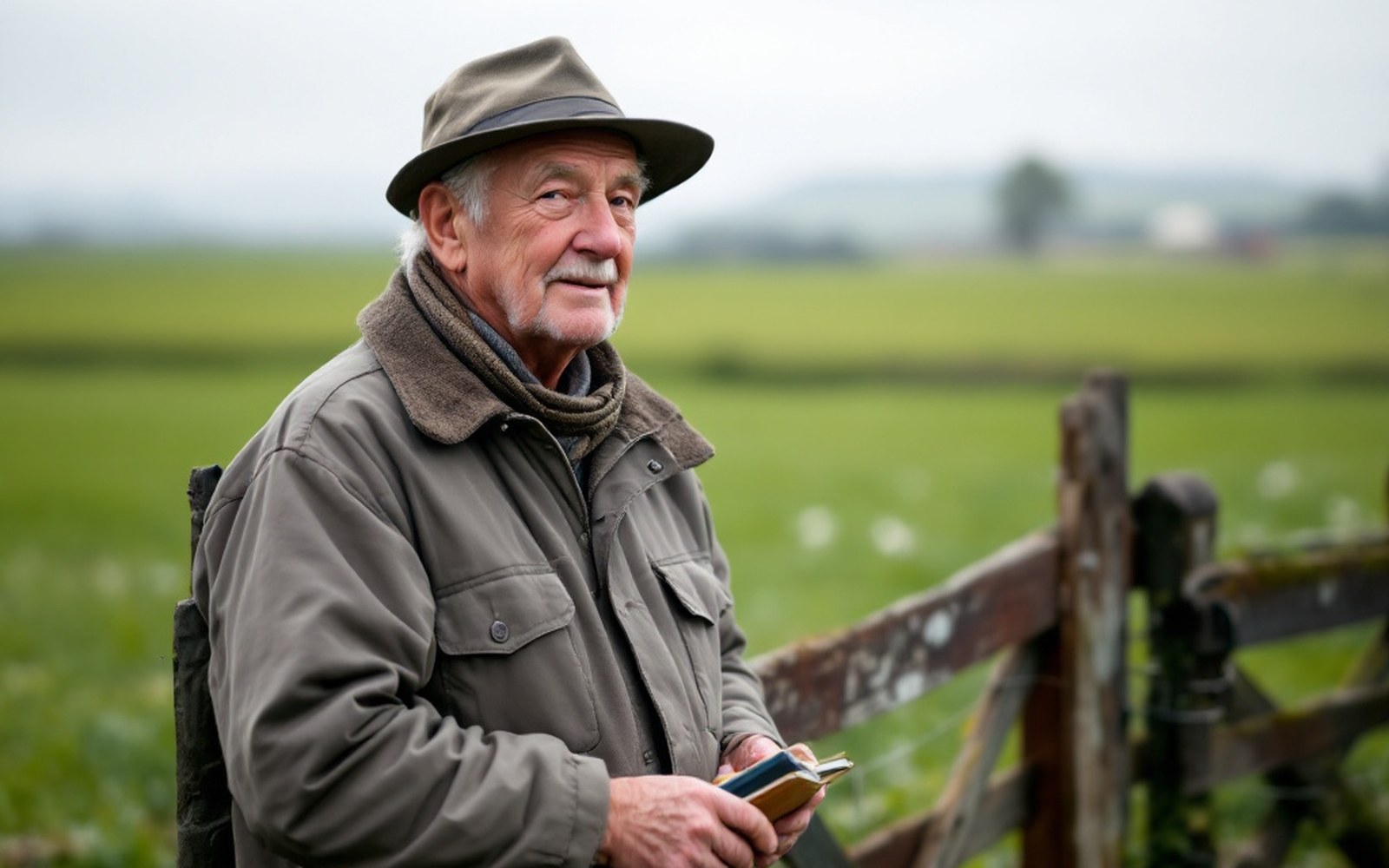 An elderly adult farmer standing at a field gate in flat green country, overcast