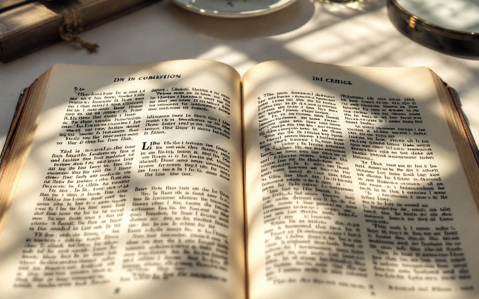 Two editions of the same book lying side by side open at facing pages, desk light