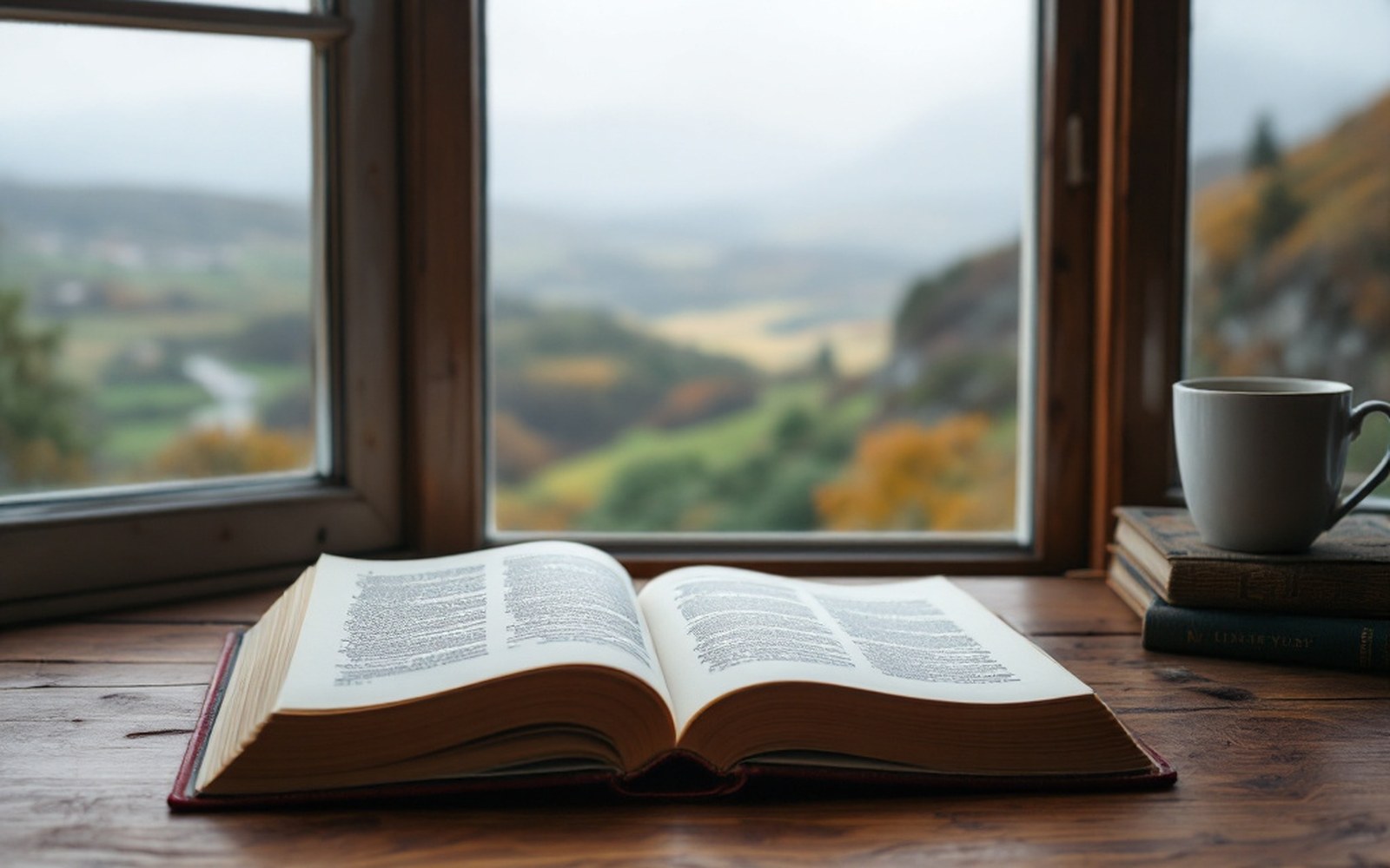 A slim hardback book lying open on a wooden table beside a window with grey light outside